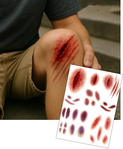 Realistic SFX Wound & Bruise Temporary Tattoo Set 2x A5 Sheets for Film TV & Theatre Cuts Scratches Blood & Bruising Ultra-Realistic Special Effects Makeup