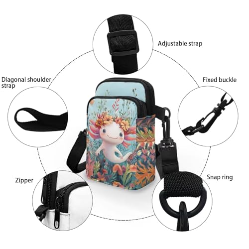 Image of Xpyiqun Axolotl Crossbody Purse for Women Floral Cross Body Pouch Cell Phone Wallet Small Canvas Sling Shoulder Handbags Mini Travel Messenger Bags Roomy Zipper Pockets Work Satchel