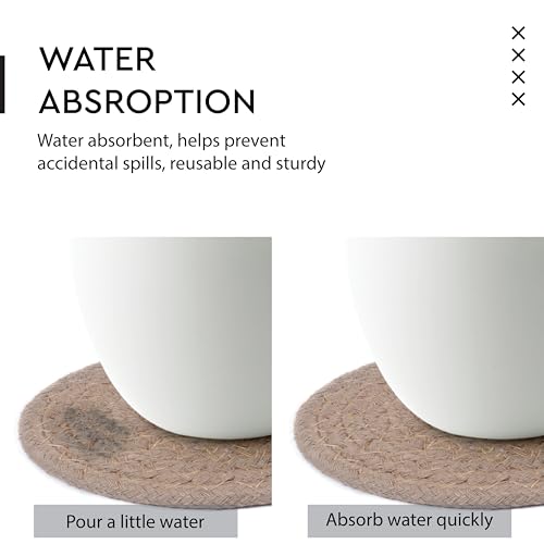 Image of Encasa XO Drink Coasters Set of 6 | Beige with Round (9 cm) | Handcrafted Ribbed Cotton | Absorbent & Heat-Resistant | Use for Tea, Coffee Table & Desk