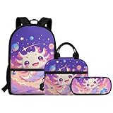 LVEWYB Mochila escolar para niñas con fiambrera, estuche para lápices, bonita bolsa para laptop y estudiantes, espaciosa mochila escolar para niñas, Axolotl de dibujos animados