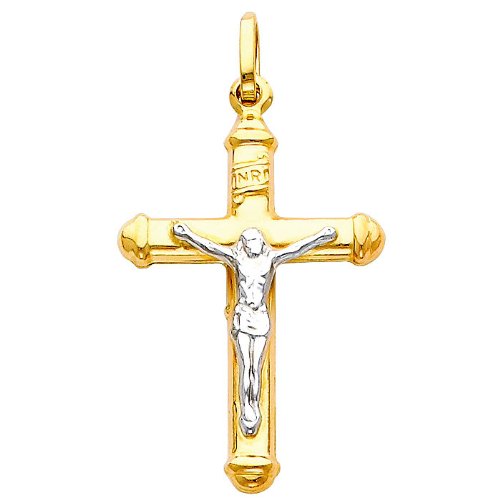 14k Two Tone Gold Jesus Cross Religious Charm Pendant with 2mm Concave Curb Cuban Chain Necklace2