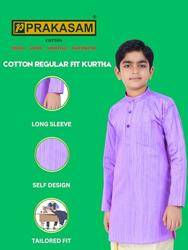 Boys Cotton Long Sleeve Self Design Kurtha With Stitched Art Silk Dhoti For Boys (Madriyad-Purple)