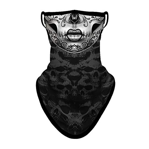 Obacle Bandana Face Mask With Ear Loops Neck Gaiter Face Mask Scarf Face Cover For Men Women (Skull Flower Face Gray Lip) #TOP3