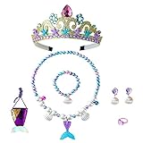 Juego de joyas de sirena de moda: recibirás 1 corona de princesa de sirena dorada para niñas, 1 collar de perlas de campana de cola de pez, 1 pulsera de , 2 aretes de , 1 monedero de cola de sirena morada, son fáciles de vestir.