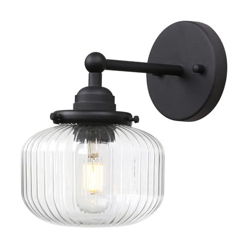 Image of Yosoan 1-Light Indoor Modern Wall Sconce, Vanity Modern Single Vintage Industrial Wall Mount Fixture Lights with Clear Striped Glass Shade Lamp for Bathroom Kitchen Mirror Bedroom Dinning Room(Black)