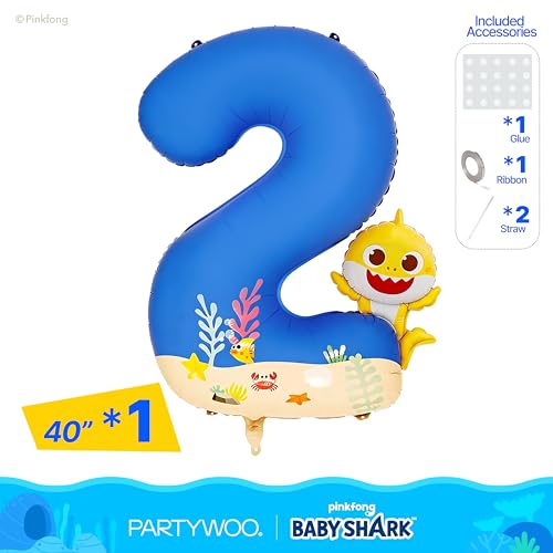 Image of PartyWoo Baby Shark Blue Foil Number 2 Balloon 40 Inch Blue Mylar Helium Birthday Number Balloons for Boys and Girls Baby Shark Under the Sea Ocean Theme Kids Second Birthday Party Decorations