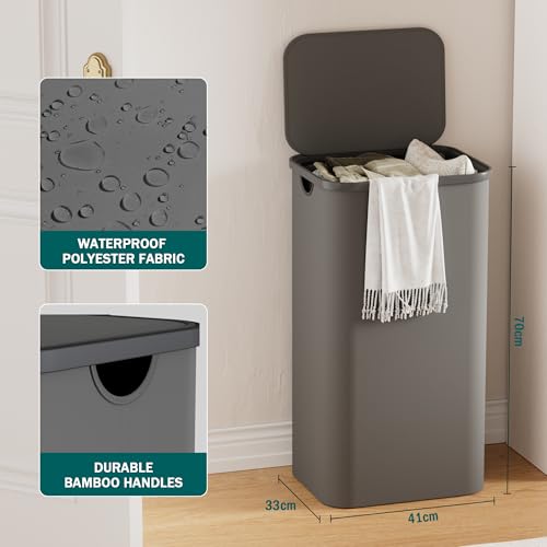 YOUDENOVA Laundry Basket with Lid, 100-Litre Large Washing Baskets for Laundry with Laundry Bag, Collapsible Laundry Hamper with Plastic Handles, Laundry Bin for Bedroom, Bathroom, (Grau) - Image 4