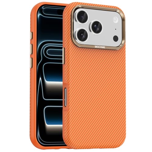 Coque iPhone 17 Pro magnétique en cuir texture carbone orange contre chocs