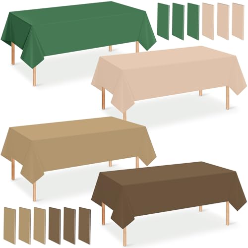 12 Pack Sage Green and Brown Plastic Tablecloth for Rectangle Tables Safari Baby Shower Disposable Table Cover Mallard Duck Camo Table Cloth for Jungle Forest Christmas Picnic Woodland Party Decor