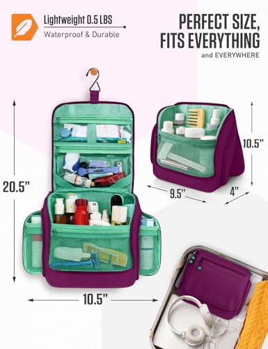 Image of VENTURE 4TH Hanging Travel Toiletry Bag, 18 Compartments - Purple /Mint | Hangs on rails, hooks or doors; stands upright. Removable TSA pouch. Water-resistant Nylon 290D Twill, reinforced stitching.