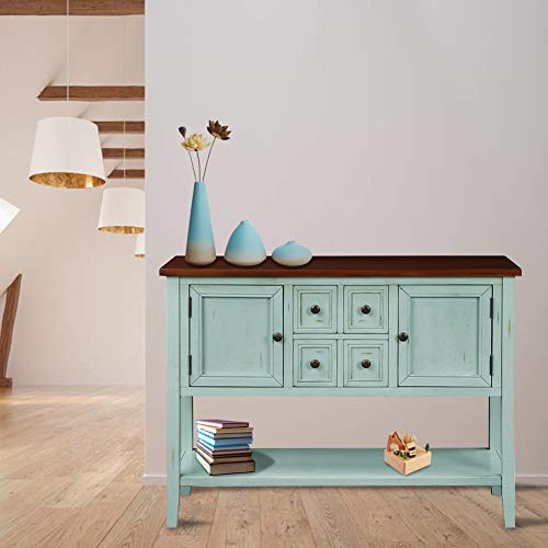 Peciafy Console Table Buffet Sideboard Sofa Table With Bottom Shelf, 6 Drawers For Living Room, Easy Assemble Sideboard Table, Antique Blue #TOP4