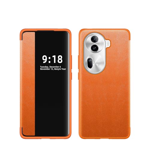 Étui Oppo Reno11 orange avec fenêtre pour suivre vos notifications en voyage