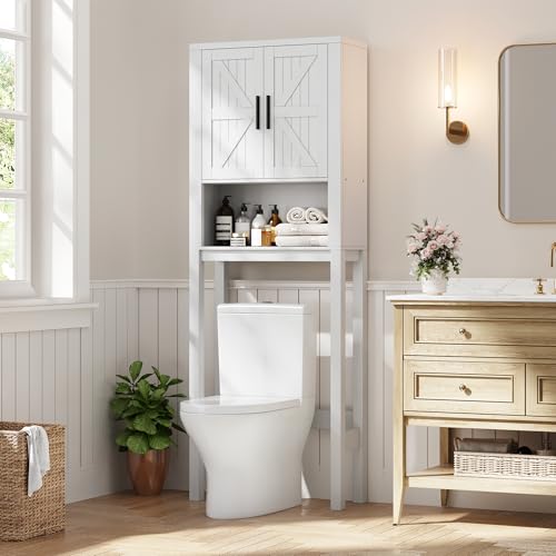GarveeHome Over The Toilet Cabinet, Double Door Bathroom Storage Organizer, Toilet Rack with Open Storage Shelf, FreeStanding Toilet Shelf Space Saver, for Bathroom, Restroom, Laundry