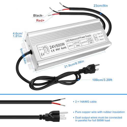 Image of 24V 500W LED Power Supply, IP67 Waterproof LED Driver, Low Voltage Transformer, AC 90-140V to DC 24V 20.8A Converter for Outdoor Landscape Lighting, LED Strip Lights, 3-Prong Plug with 3.3FT Cable