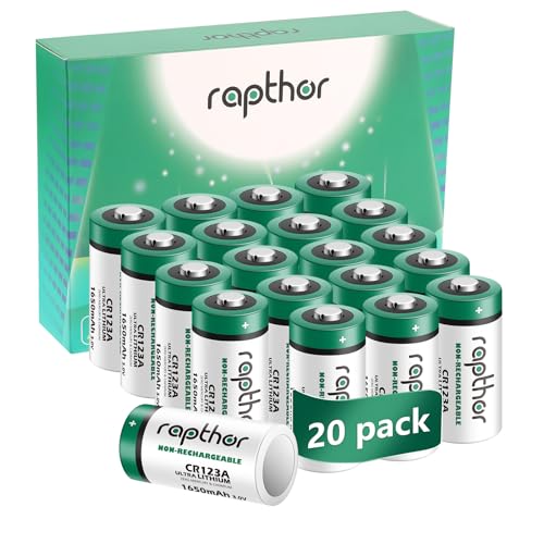 Rapthor CR123A 3V Lithium Battery, 20 PCS 123 Batteries 1650mAH Replace CR123 CR123A CR17345 for Sensors, Keyless Locks, Photo Flash and Flashlights (Non-Rechargeable)