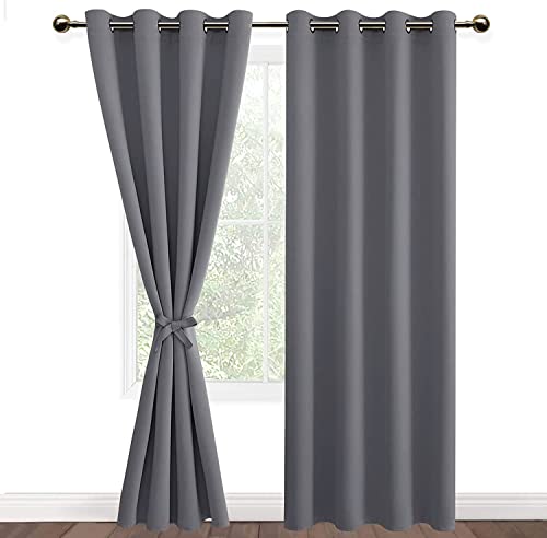 DWCN Lot de 2 rideaux opaques avec embrasses - Rideau occultant thermique à œillets - Pour salon, chambre à coucher, gris - 215 x 140 cm (H x l) Cover