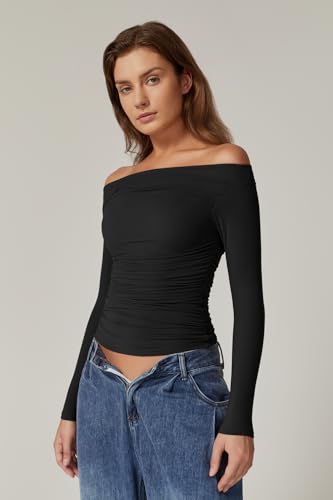 QINSEN Womens Off Shoulder Long Sleeve Tops Ruched Going Out Crop Slim Fitted Double Lined Shirts3