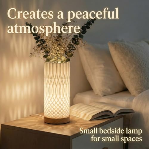 Image of Small Bedside Lamp for Nightstand, 3D Printed Mini Table Lamp, 3 Color Temperatures Warm to Cool White, Cozy Small Lamp for Bedroom Dorm Tight Spaces, Ash Wood Base, 8.8 Inch Tall - Helix