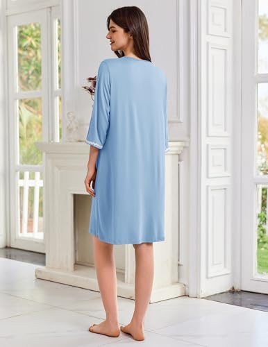 Image of Ekouaer Zipper Robes for Women 3 /4 Sleeves Lightweight House Coat Zip Up Bathrobe Soft Nightgown with Pockets S-3XL