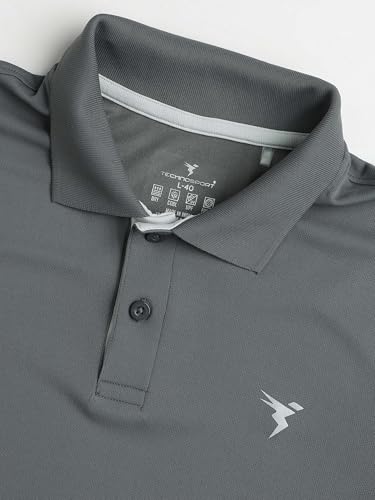 Image of TECHNOSPORT Men's Solid Slim Fit Polo Collar T-Shirt TECHNOCOOL+ Half Sleeve Button Polyester for Gym Running Workout UPF50+ Anti Odour