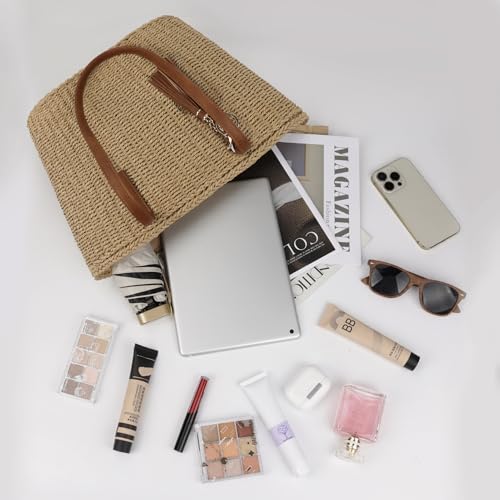 Image of Womens Large Straw Tote Bag Handmade Woven Shoulder Handbag Summer Beach Purse with Tassel