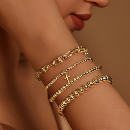IMBOS Gold Bracelets for Women 14K Gold Plated Cross Bracelet Strand Bead Ball Bracelets stack Set Chunky Chain Bracelet Trendy Adjustable Jewelry Sets for Womens Gifts3