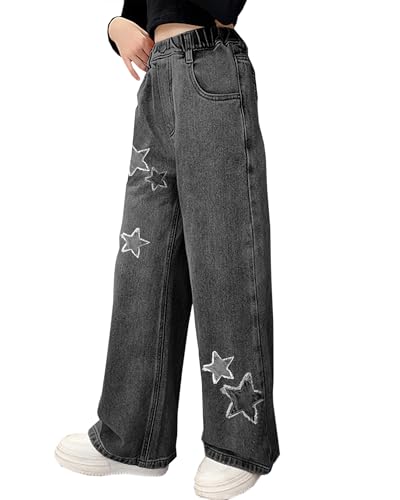 Betusline Girls’Wide Leg Jeans 6-14 Years Trendy Baggy Denim Pants with Elastic Waist Soft Stretch Easy On Off4