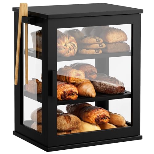 WOWLIVE Black Bread Box for Kitchen Countertop, Large 3 Layers Bread Storage Container for Homemade Bread with Window, Farmhouse Breadbox Organizer for Kitchen, Cabinet, Pantry (Black, Meduim)