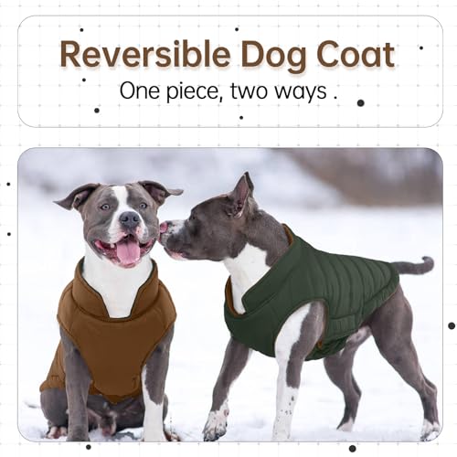 Image of Lelepet Reversible Dog Coat Windproof Dog Jacket Lightweight Puffer Vest | Winter Jacket Warm Cold Weather Coat for Medium Dogs Adjustbale Hook & Loop Pet Apparel with Leash Hole, Pug, Brown, M