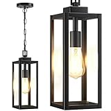 15'' Large Motion Sensor Outdoor Pendant Lights, Dusk to Dawn Modern Outside Chandelier Outdoor Hanging Lantern with Clear Glass, Exterior Pendant Lighting Fixture for Porch, Yard, Black, 1Pack