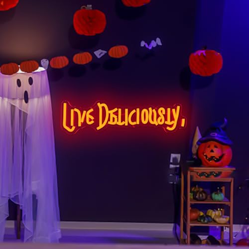 Image of Live Deliciously Neon Sign Witchy Led Neon Sign for Wall Decor Dimmable Spooky Gothic Neon Light Sign Halloween Neon Led Sign for Halloween Party Haunted House Decor Man Cave Gifts