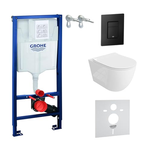 LAVITA Élément mural Solido + WC suspendu Sinto Grande blanc sans bord + abattant WC SoftClose | Bouton noir | Kit complet | Réservoir de chasse encastré | Kit complet | WC complet |