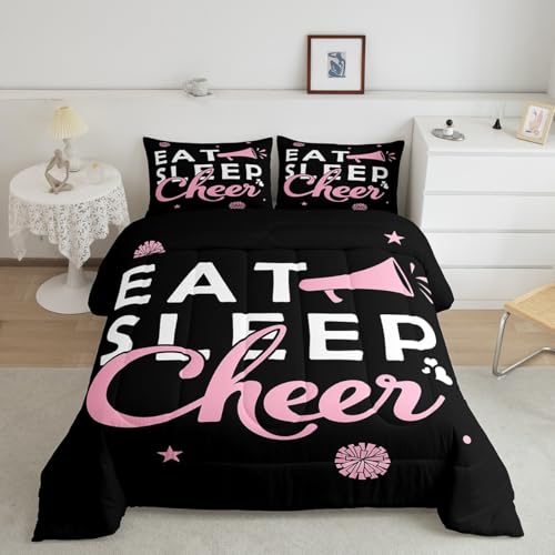 Image of Feelyou Pink Eat Sleep Cheer Comforter Set Toddler Size for Girls Boys Cheerleader Comforter Gymnastics Dancing Lovers Bedding Set Girls Cheerleading Sports Duvet Set Quilt Set