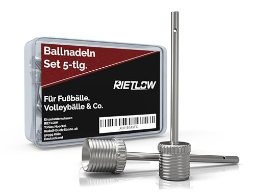 Rietlow® Ballnadel Set – Ballpumpe Nadeln aus robustem Edelstahl – Ballpumpe Spitze - Nadel Ballpumpe für Fußbälle, Basktebälle, Handbälle und Volleybälle - inkl. Aufbewahrungsbox (5 Stück)
