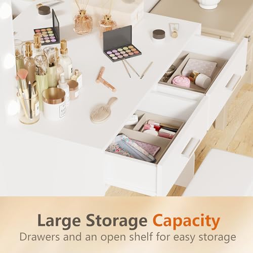 Image of YESHOMY Vanity Desk with Mirror, Makeup Table with 11 Adjustable Lights and 2 Spacious Drawers, Soft-Padded Storage Stool, 3 Lighting Modes with Control, for Bedroom, Snow White
