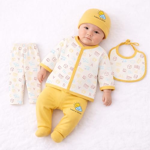 Image of Kidbee Baby Clothing Gift Set for Boys & Girls, 5 Piece Newborn Clothing Combo with Front Open Top, Pajama, Printed Pant, Cap & Bib, Soft Cotton, 0-6 Months Baby