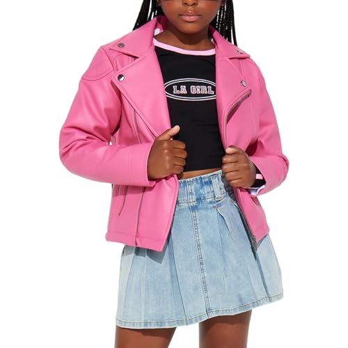 Trifoliate Girls Pink Moto PU Leather Jacket – Notch Collar Biker Outerwear Coat for Kid (7 to 14)2