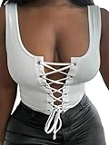 SOLY HUX Women's Lace Up Crop Tank Tops Sleeveless Scoop Neck Ribbed Slim Fit Going Out Shirts Plain White X-Small