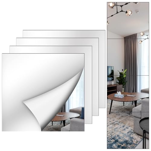 Image of Shiftshade Mirror Wall Full Length,12X14 Inch Unbreakable Mirror Tiles for Bedroom Home Gym Door, Acrylic Mirror Full Body Shatterproof Mirror Stickers for Walls,Mirror Sheets (4pcs)