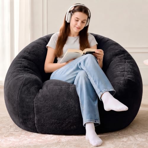 Image of HUGHEAVEN Medium Memory Foam Bean Bag Chair for Teens & Kids - 3ft | Fluffy Floor Chair Lounger, Cozy Faux Fur Reading Nook Chair, Comfy Beanbag Sofa Couch, Floor Seating Foam Seat with Filler