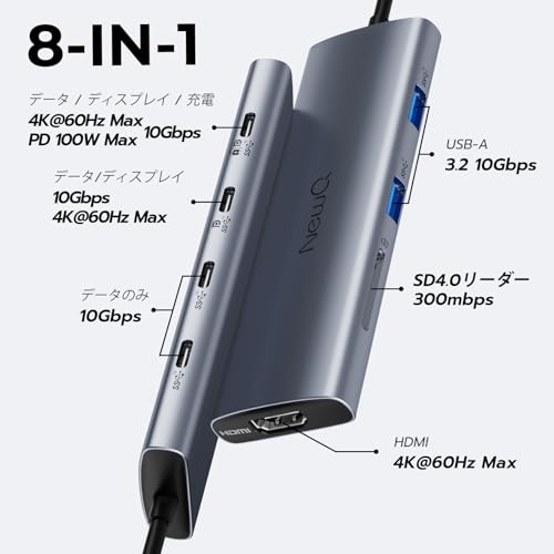 undefined NewQ USB Cモニターハブ 8-in-1 – USB-C PD給電 & ポータブルディスプレイ対応 トリプルディスプレイ出力(1×HDMI + 2×DP Alt)、4K@60Hz、Thunderbolt対応、10Gbps×6ポート、SD4.0、映像ケーブル付属 の商品画像 1