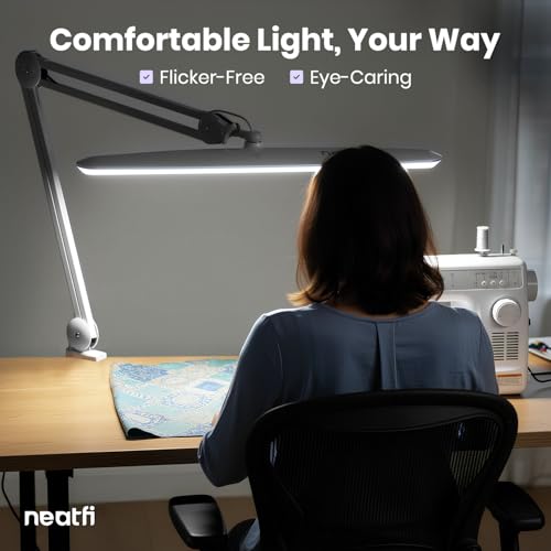 Image of Neatfi XL 2,200 Lumens 20W LED Task Lamp - 23 inch Ultra-Wide Head | 182 SMD LEDs | 4 Brightness Levels | 3 Light Modes | Eye-Caring, Glare-Free | Adjustable Arm (Silver, CCT with Clamp)