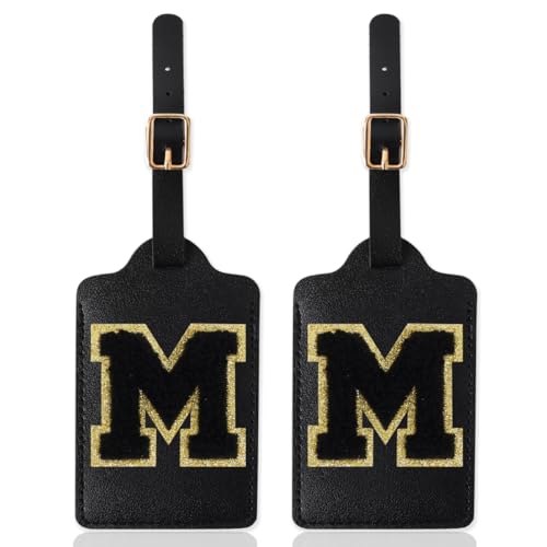 2 Pack Personalized Initial Luggage Tags for Suitcases with Chenille Letter, Cute Leather Luggage Tag Monogrammed Tags for Baggage Bag Travel Gifts for Women Kids Teens(Black_M)