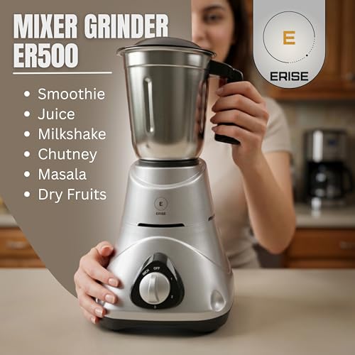 Image of ERISE ER 500 Mixer Grinder - 500W Powerful Motor with 3 Stainless Steel Jars | Silver Robust Design | Food Grade Safe, Overload Protection, Anti-Skid Feet | 2 Years Warranty (Wet & Dry Grinding)