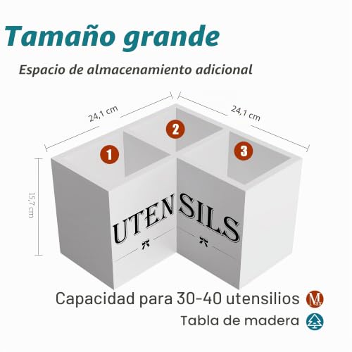 Miniatura 2 de Suli Soporte Extra Grande Para Utensilios De Cocina Con 3 Compartimentos, Organizador De Utensilios De Esquina Para Encimera, Organizador De Utensilios De Madera Para Encimera De Cocina, Blanco