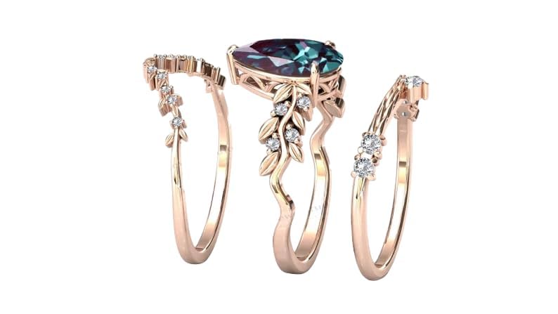 Vine Leaf Design Alexandrite Engagement Ring Set Pear Shaped Alexandrite Bridal Ring Set 925 Sterling Silver Alexandrite Wedding Ring Set (QS-AL-53)3