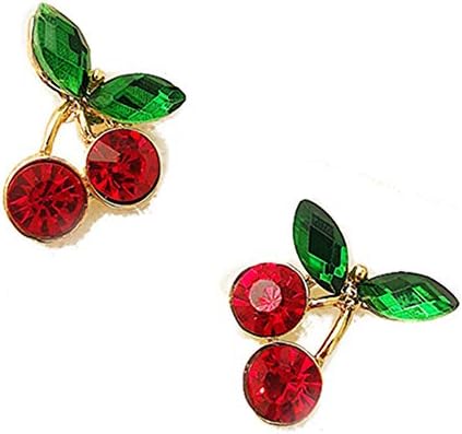 18K Gold Plated Elegant Shining Green Emerald Leaf Ruby Red Cherry Stud Earrings