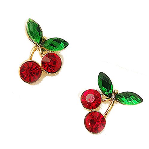 18K Gold Plated Elegant Shining Green Emerald Leaf Ruby Red Cherry Stud Earrings #TOP29