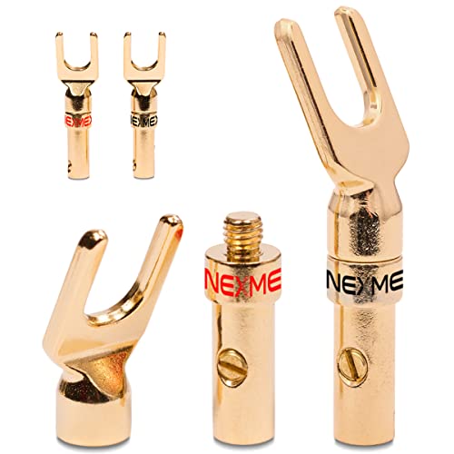 NEXMEX High End Kabelschuhe 4 Stück (2-Paar) Gabelschuhe für Kabel bis 6mm² 24K vergoldet löt- oder schraubbar für Lautsprecherkabel HiFi-Boxen Verstärker Endstufen Steckverbinder Cover
