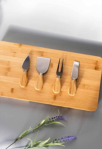 HomeZone Natural Bamboo Cheese Board with Knife Set - Large Eco-Friendly Knives Serving Platter with Knife Drawer Plate Set - Strong Kitchen Serving Tray for Bread, Vegetables or Meats Cutting Surface